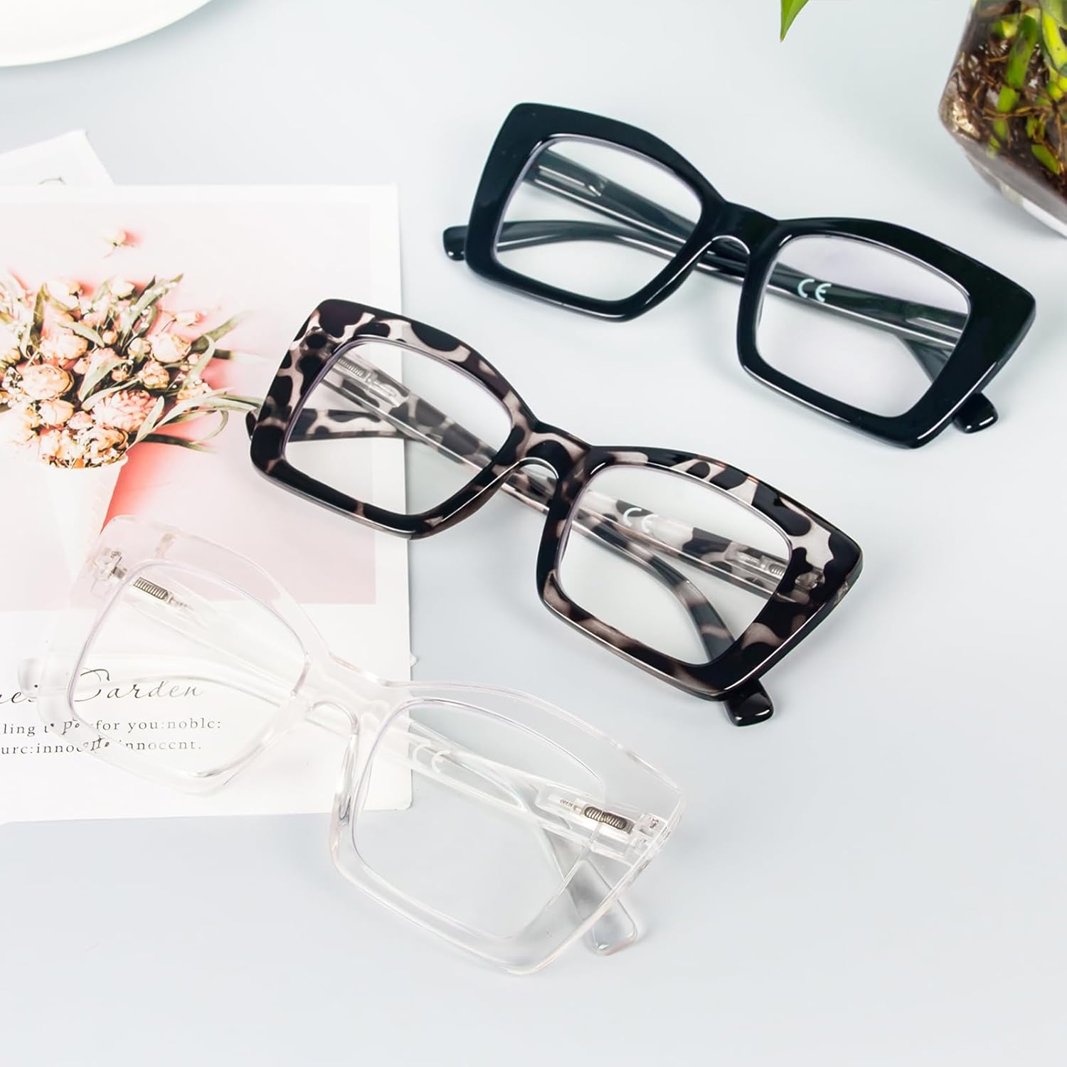REAVEE Lentes de lectura cuadrados de gran tamaño, estilo Oprah, para mujer, bloqueo de luz azul, marco grande, para lectores de computadora,