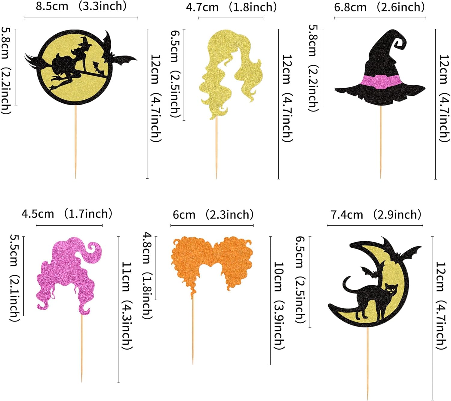 Ercadio Paquete de 24 adornos para cupcakes de Halloween Hocus Pocus, con brillantina, para cabello de bruja, carrito de pelo de bruja, decoraciones