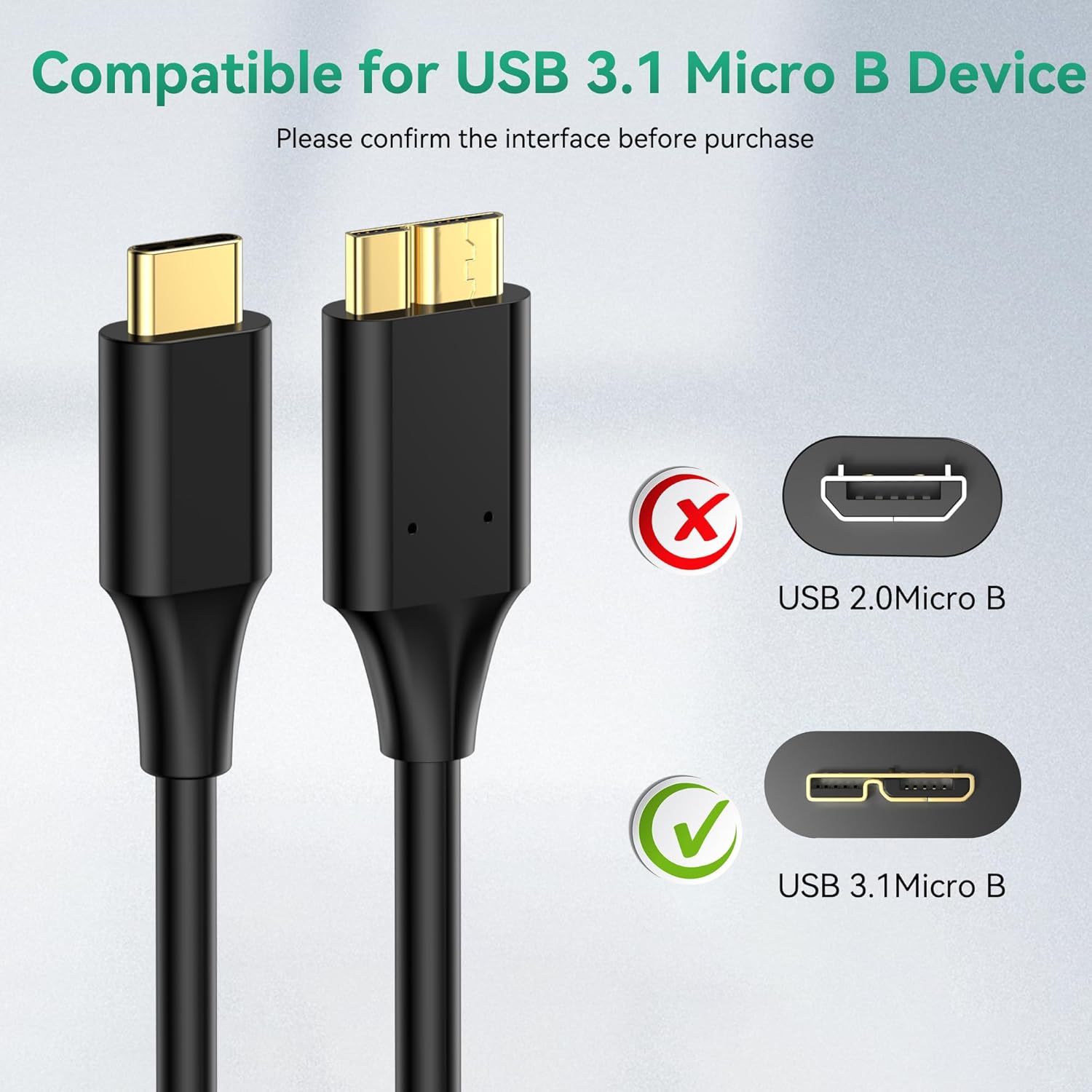 Cable de disco duro tipo C 3.1 de 3 pies (paquete de 1), cable de carga micro USB a USB C 3.1, enchufes chapados en oro, 10 Gbps de alta velocidad,