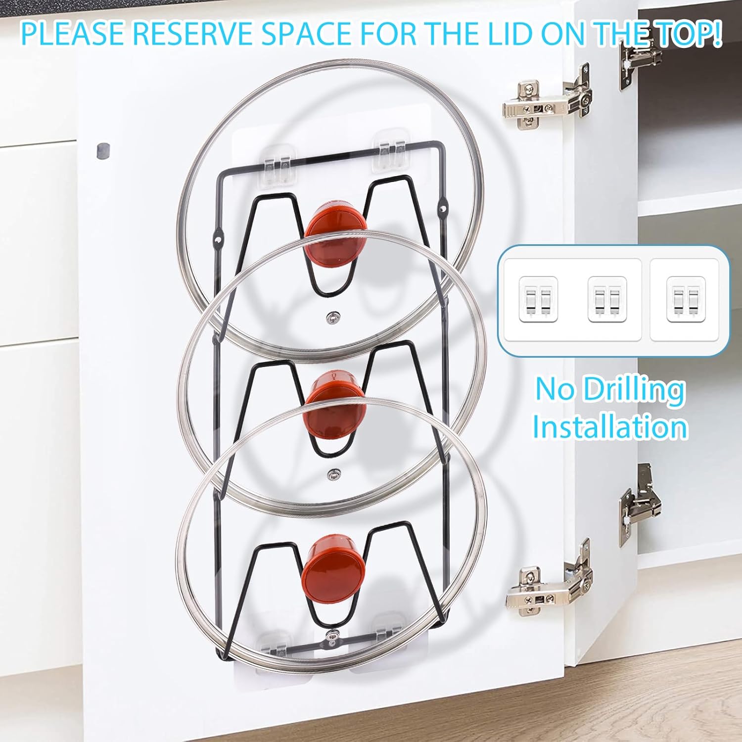 Estante organizador de tapas de ollas, soporte para tapas de ollas de 3 niveles para puerta de gabinetepared, adhesivo sin perforaciones,