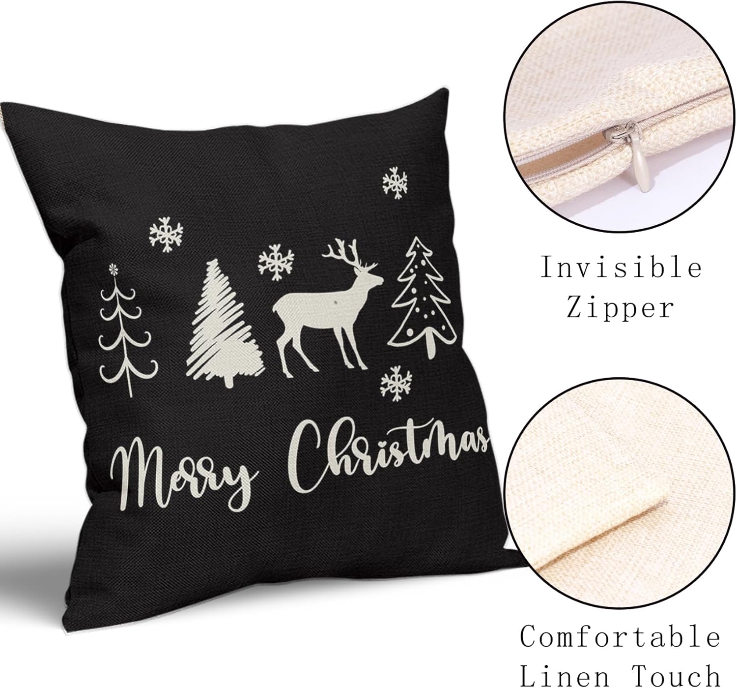 Juego de 2 fundas de almohada de Navidad negras de 18 x 18 pulgadas, diseño de árbol de ciervo, copos de nieve, fundas de almohada decorativas de