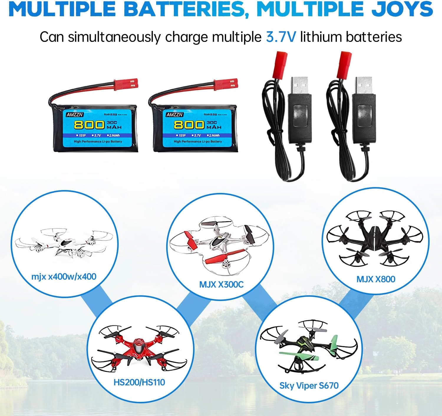 Batería Lipo de 3.7 V, 800 mAh, 30C, batería de drones RC con 2 conectores USB JST para SYMA X56W MJX X400W X300C X800 HS110 HS200 S670 V950hd S1750