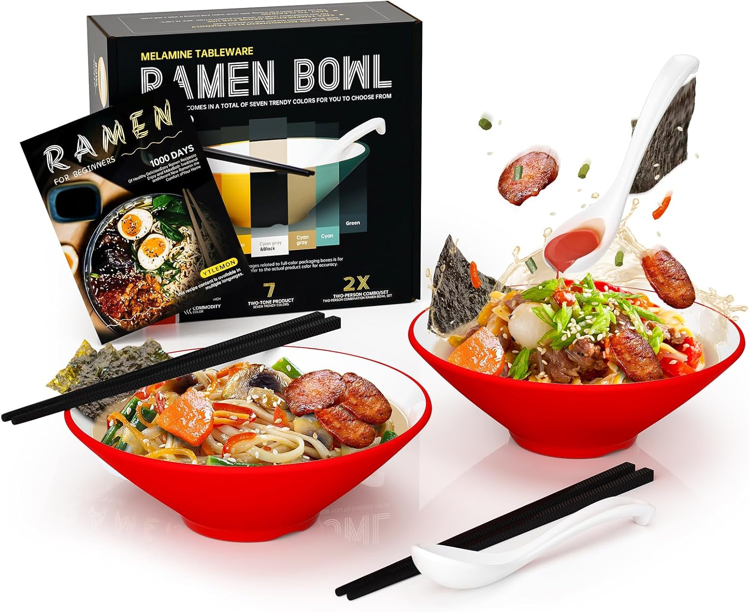 Juego de tazones de ramen Plsatic, 2 juegos de 20 onzas de doble cara de colores a juego con palillos y cucharas para cereales de ensalada, vajilla