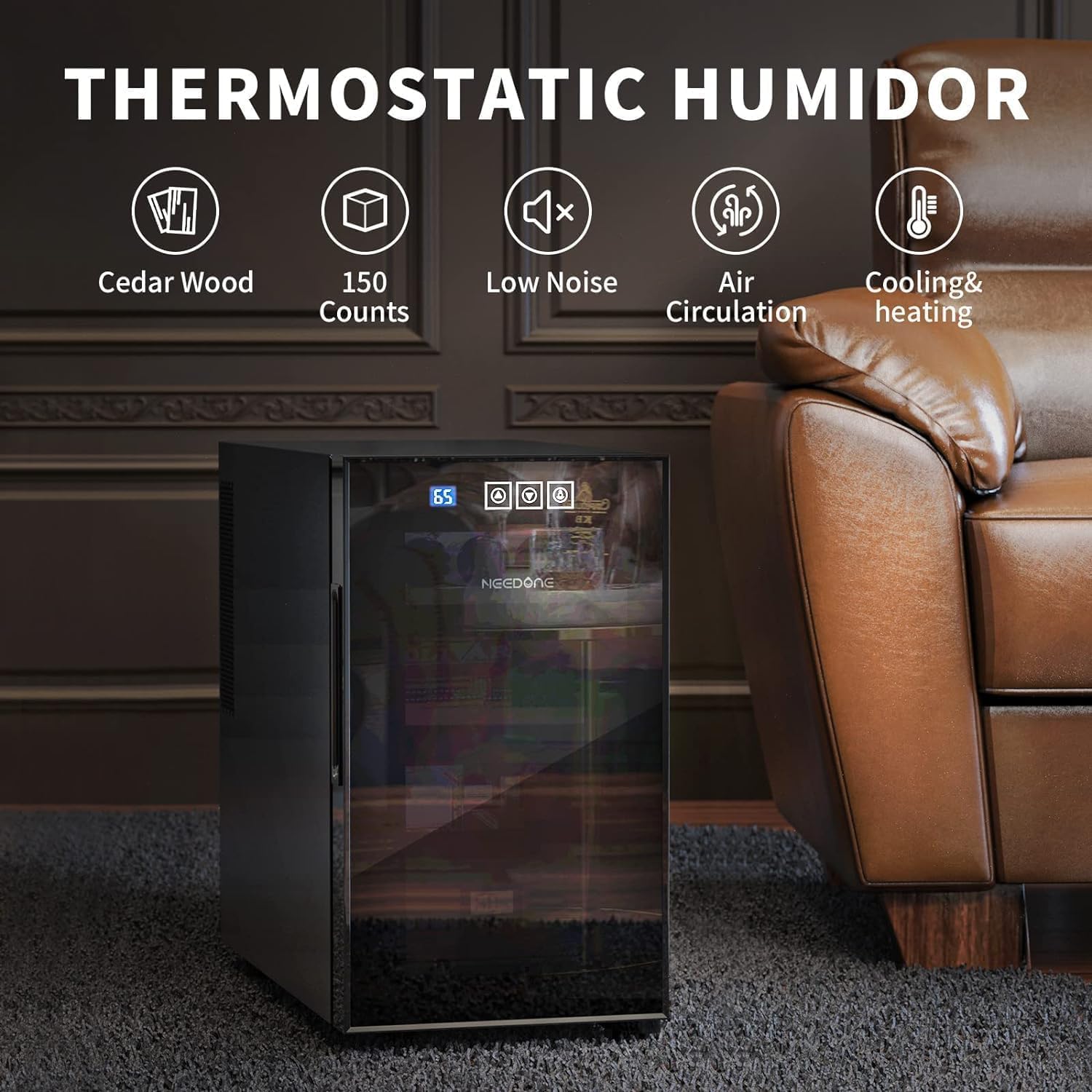 NEEDONE Humidor eléctrico de 23 litros con sistema de control silencioso de calefacción y refrigeración, gabinete termostático para 150 unidades con