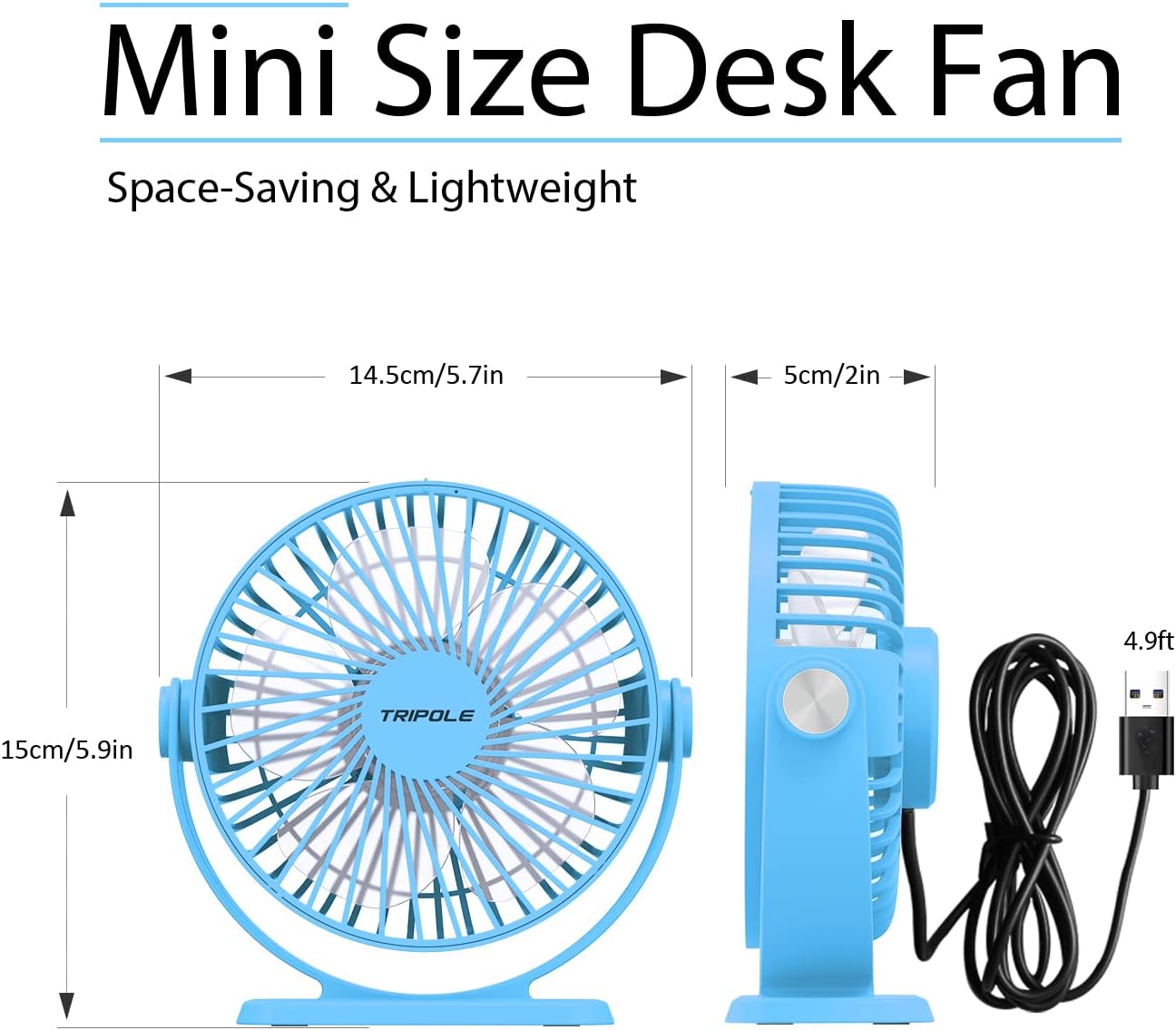 TriPole Ventilador de escritorio alimentado por USB, pequeño ventilador personal de 3 velocidades, mini ventilador de flujo de aire fuerte, rotación
