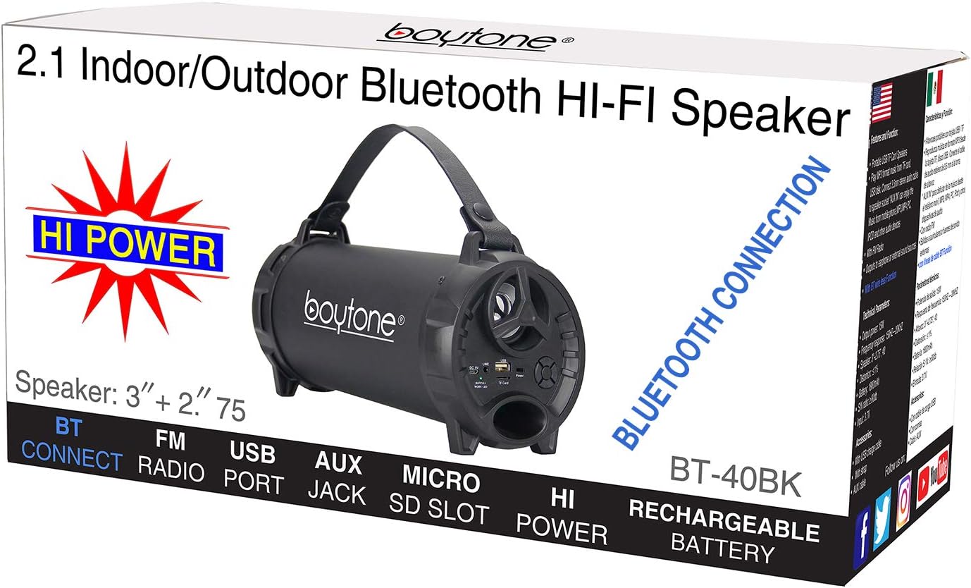 Boytone BT-40BK Altavoz portátil Bluetooth para interiores y exteriores, 2.1, cilindro de alta fidelidad, con tarjeta sub y SD incorporada de 2 x 3,