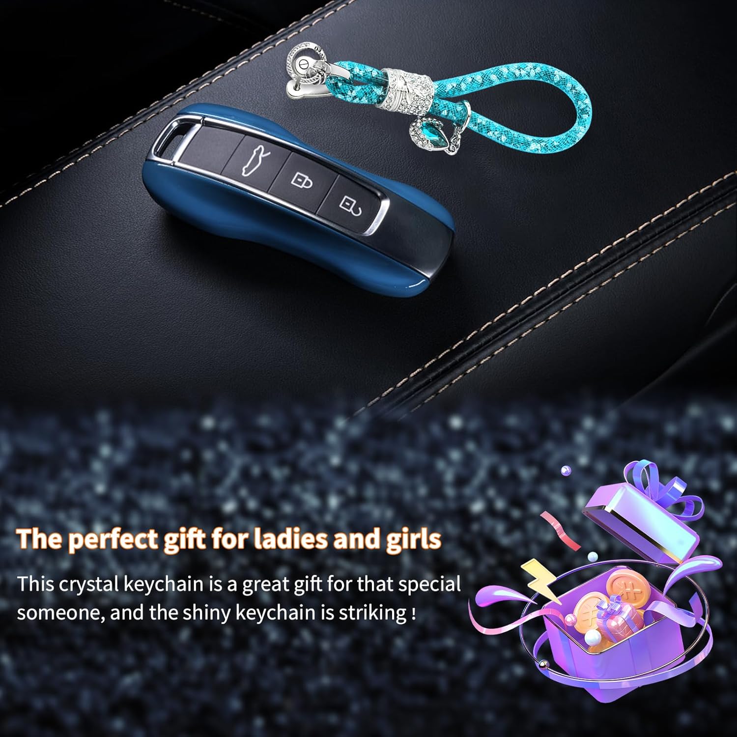 Llavero brillante para automóvil, correa con anillo en D, accesorios de decoración de llaves de vehículo para mujeres y niñas (azul claro)