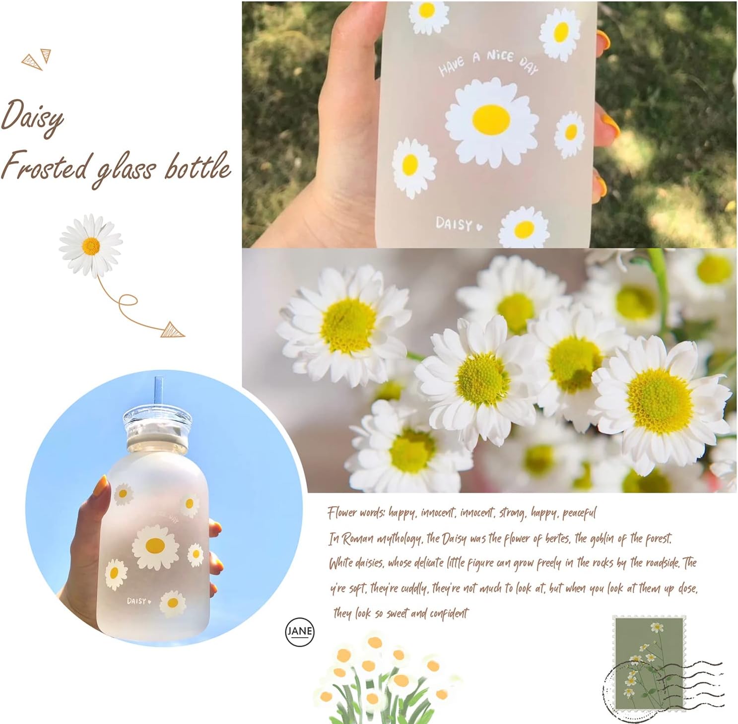 Milk Juice – Lindas botellas de agua estéticas lindas para mujeres, botella de agua portátil de vidrio esmerilado Kawaii Little Daisy con popote y 2