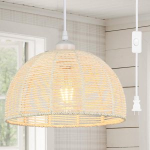 Worderdeng – Lámpara colgante de ratán enchufable, luces colgantes de 14.7 pies con estilo bohemio, lámpara colgante con pantalla de ratán de papel Worderdeng – Lámpara colgante de ratán enchufable, luces colgantes de 14.7 pies con estilo bohemio, lámpara colgante con pantalla de ratán de papel