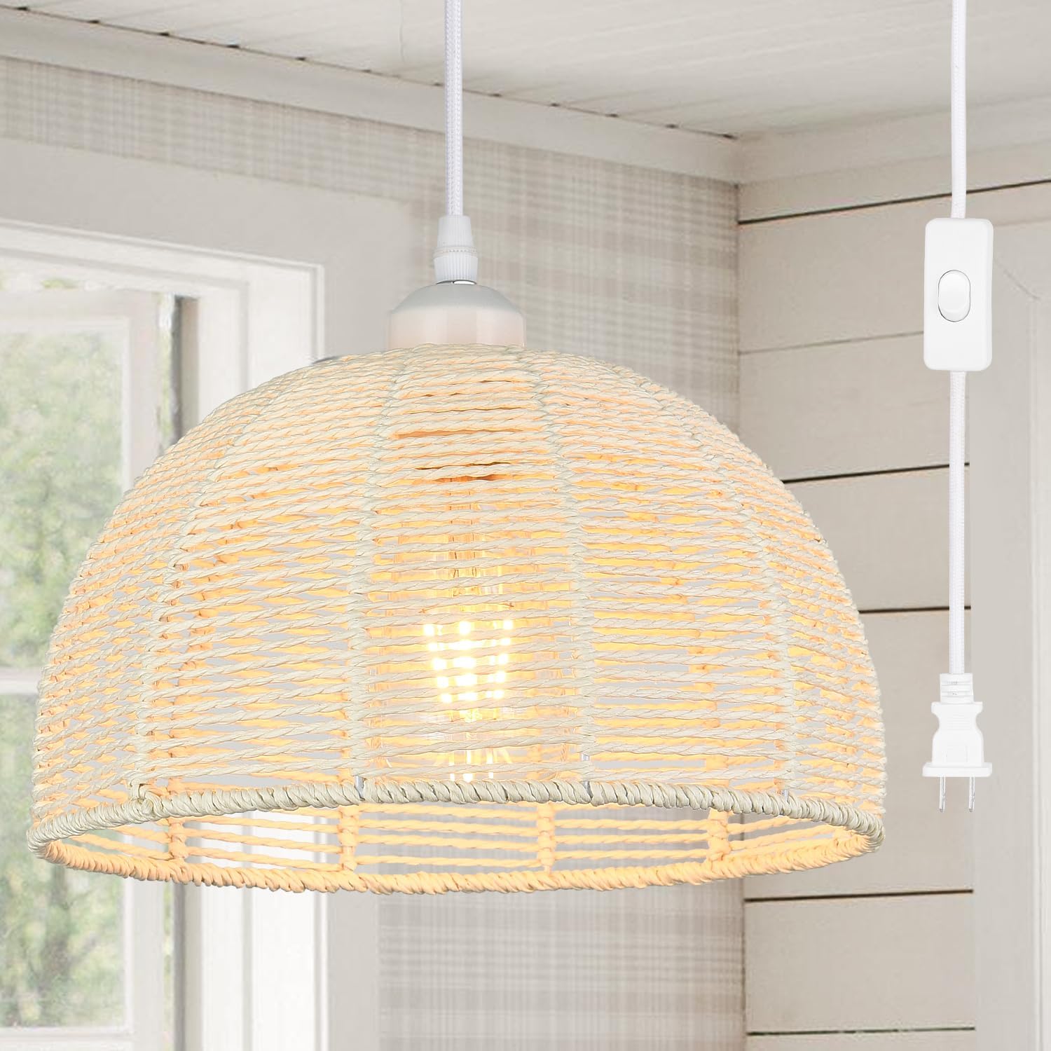 Worderdeng – Lámpara colgante de ratán enchufable, luces colgantes de 14.7 pies con estilo bohemio, lámpara colgante con pantalla de ratán de papel