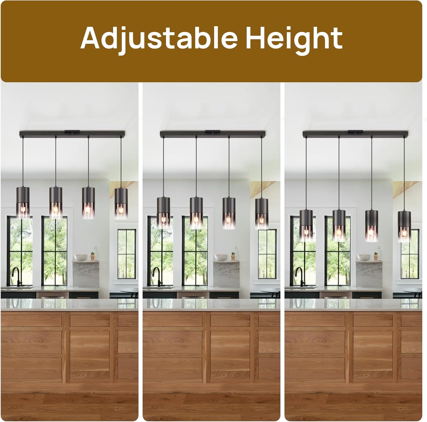Lámpara colgante de isla de cocina negra, lámpara colgante de cristal negro industrial, 3 bombillas E26, lámparas de araña con cable ajustable de 59