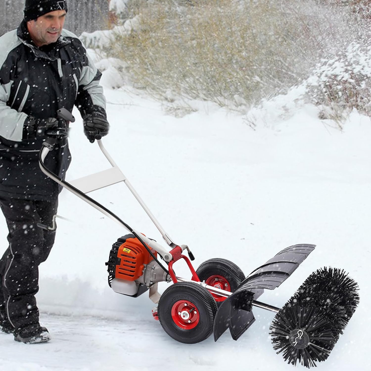 Escoba barredora de limpieza de doble mango de 52 cc, 2.5 HP para caminar detrás de la nieve, motor de gas, barredora de nieve de mano, escoba,