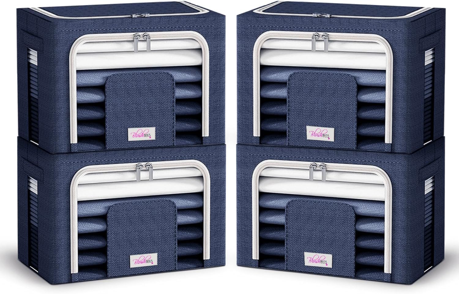 Blushbees Cajas de almacenamiento plegables de tela Oxford para ropa, colchas, lino con soportes de metal (paquete de 4 cajas, tamaño grande de 20 x
