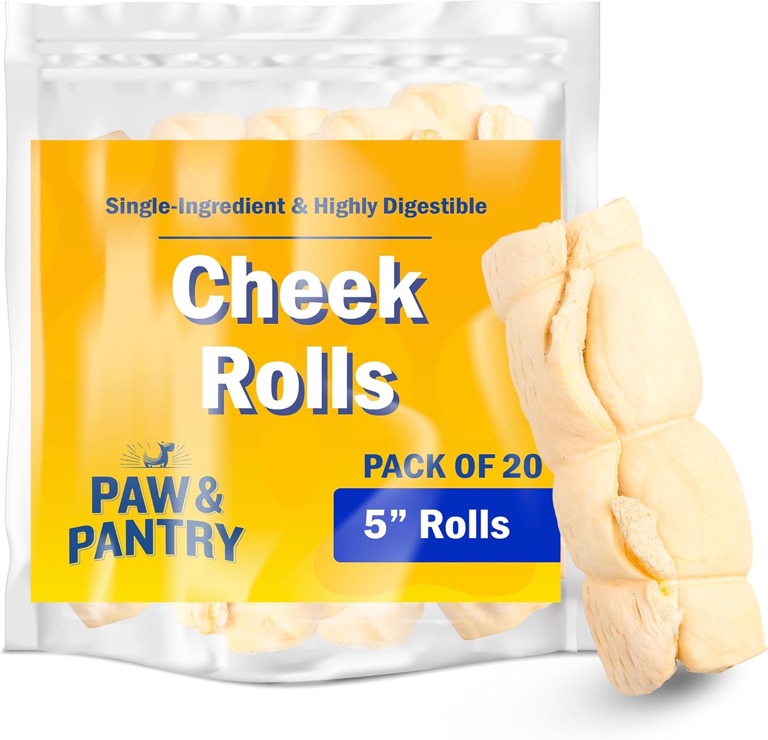 Paw & Pantry Rollos de mejillas de res totalmente naturales de 5 pulgadas para perros (paquete de 20) mejillas de res para perros, rollos de