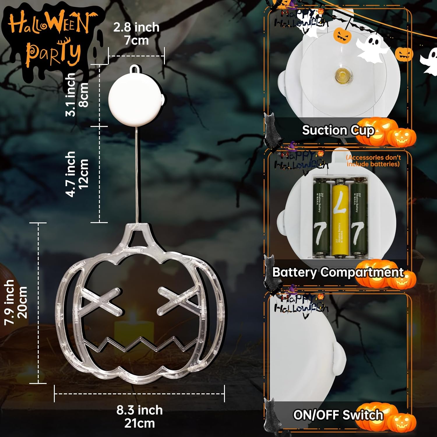 Luces de Halloween para ventana de Halloween, decoración de interiores de calabaza, araña y murciélago, decoración de pared al aire libre, funciona