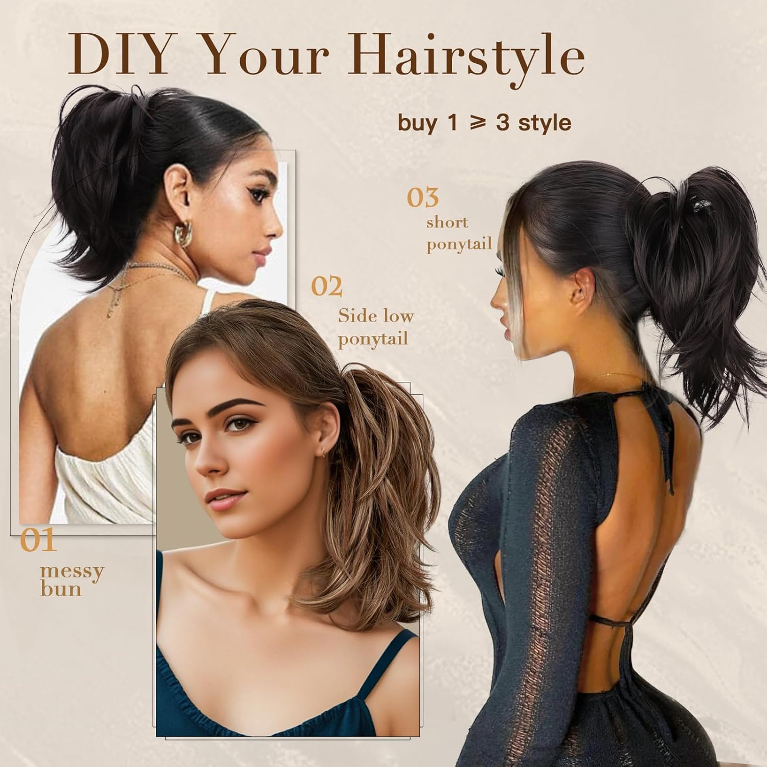 NANNAN Extensiones de cabello corto con clip de garra, cola de caballo de metales flexibles, pieza de cabello sintético para moño, cabello lacio y