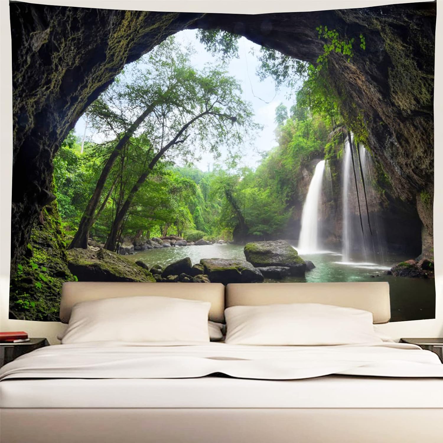 Showutheworld Tapiz verde de paisaje natural, tapiz de selva tropical, tapices de cascada, río, puente de madera, tapiz colgante de pared para sala