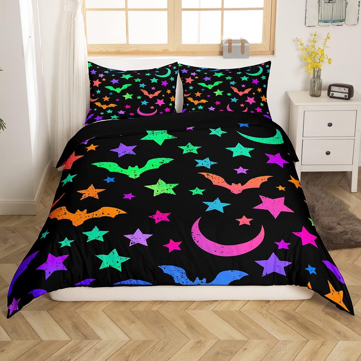 Erosebridal Juego de ropa de cama con diseño de murciélagos y cielo estrellado colorido para niños pequeños, funda de edredón de estrellas