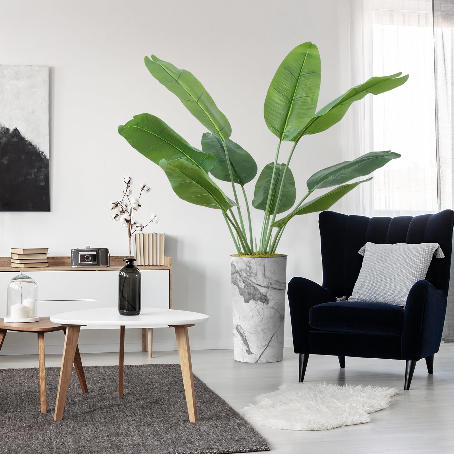 Árbol artificial en macetero con efecto de mármol gris, hojas de plátano falsas de seda para decoración del hogar en interiores y exteriores, altura