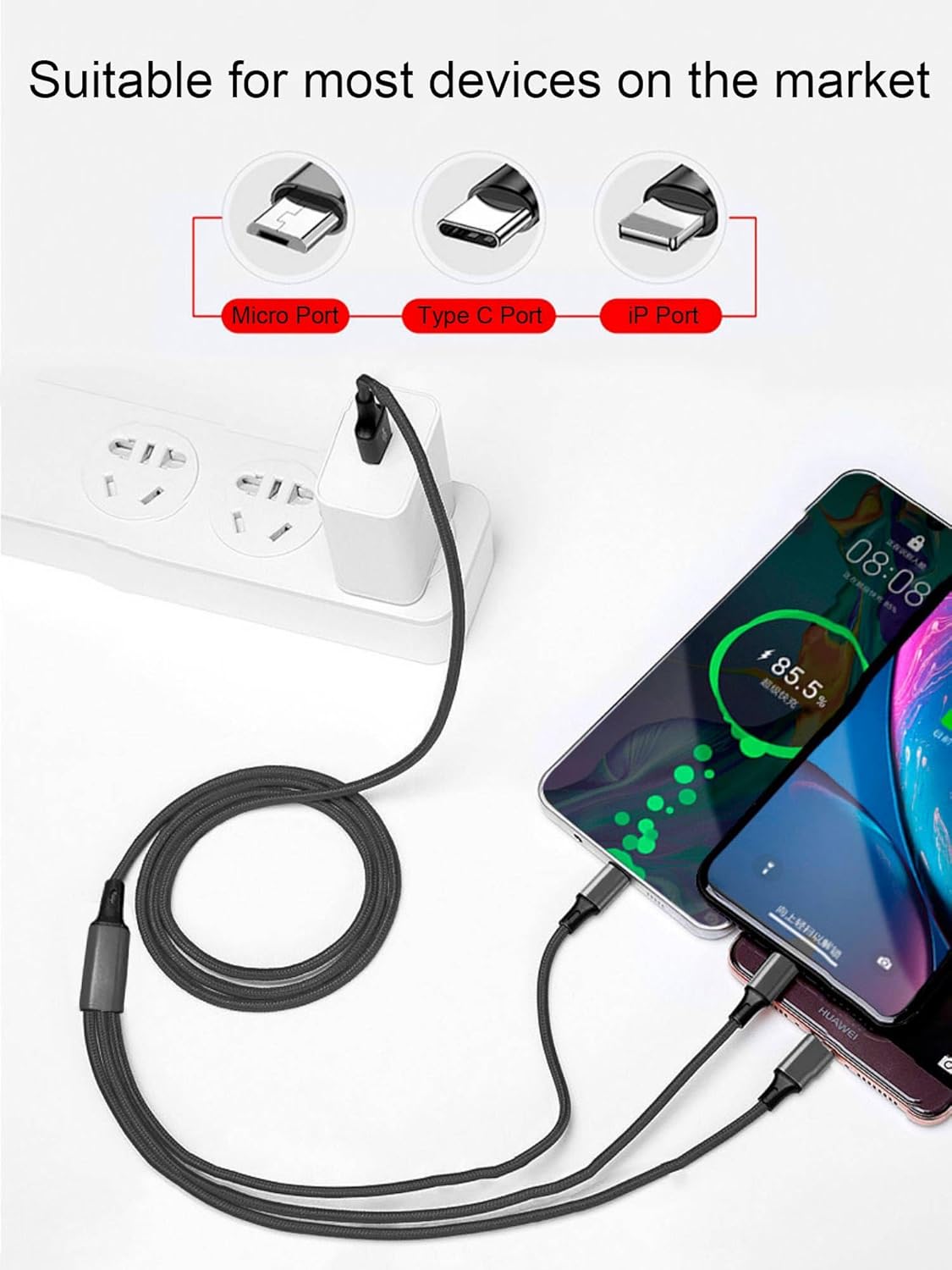 Cable de carga múltiple de 4 pies, adaptador de cable de carga múltiple universal 3 en 1 trenzado de nailon con puerto IPtipo Cmicro USB para