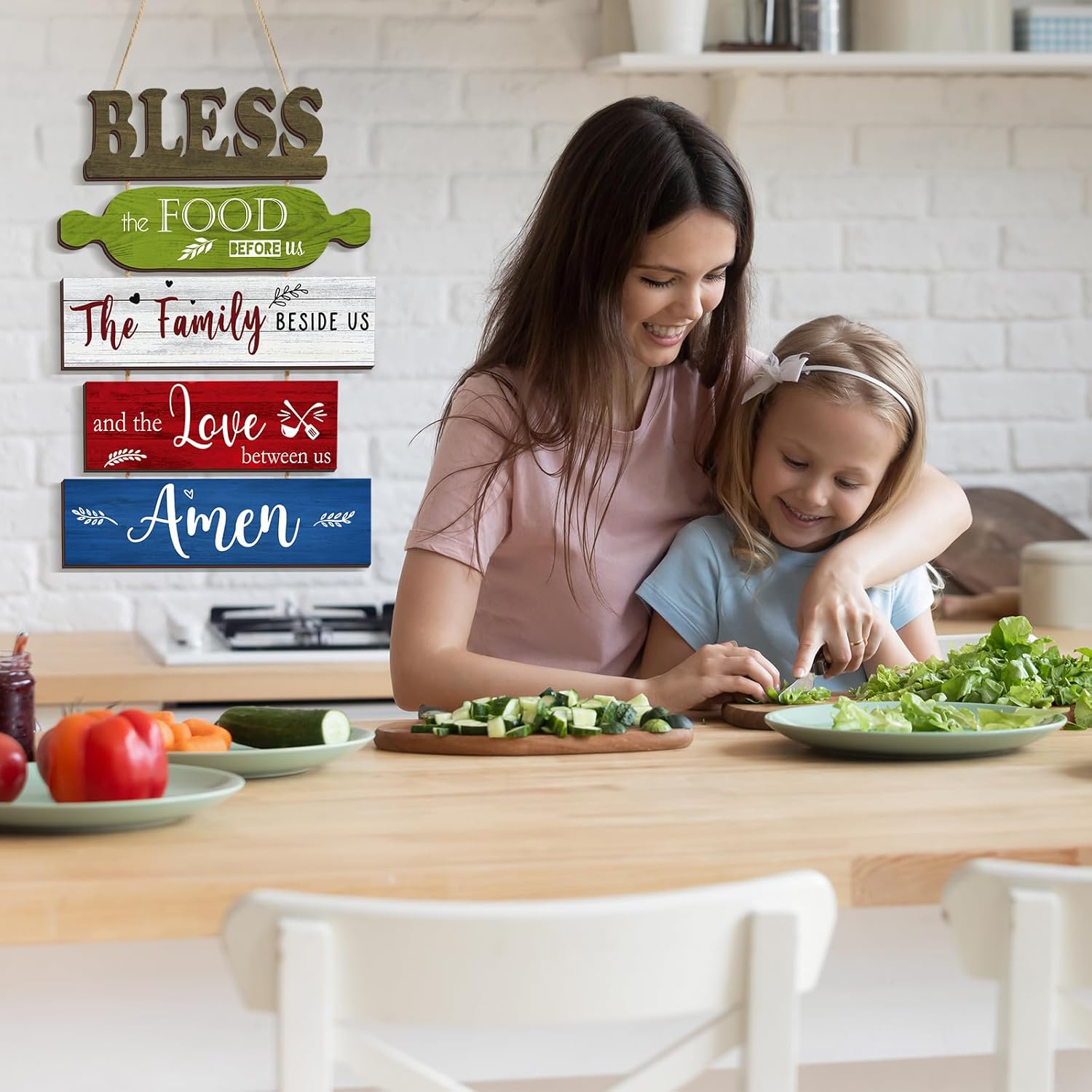 Geetery Letrero con texto en inglés Bless The Food Before Us para decoración de pared de cocina y comedor, decoración rústica de madera para