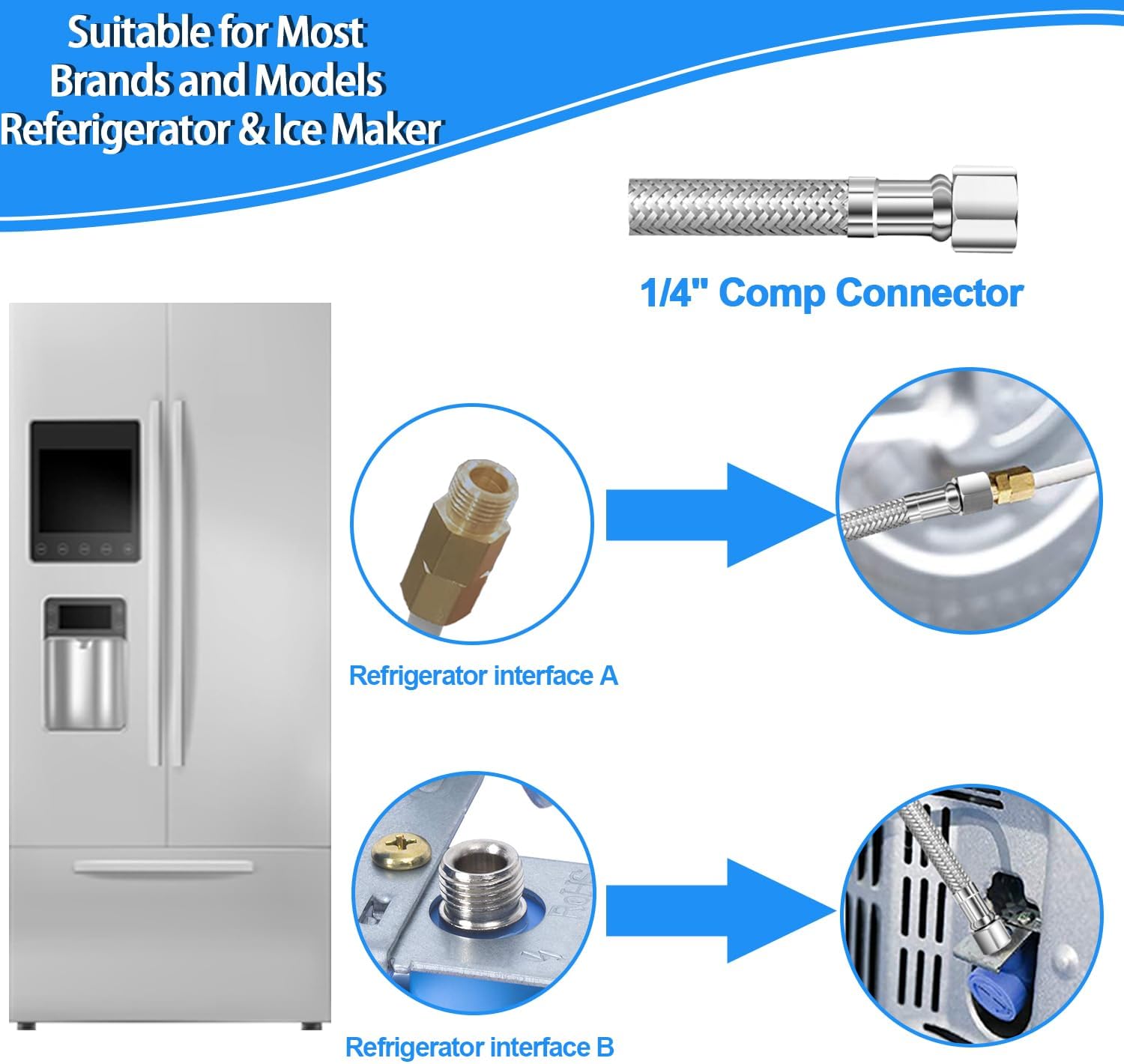 Kit de línea de agua para refrigerador de 20 pies con válvula de tope en T de 38 a 14 a 38 pulgadas para la mayoría de marcas y modelos de
