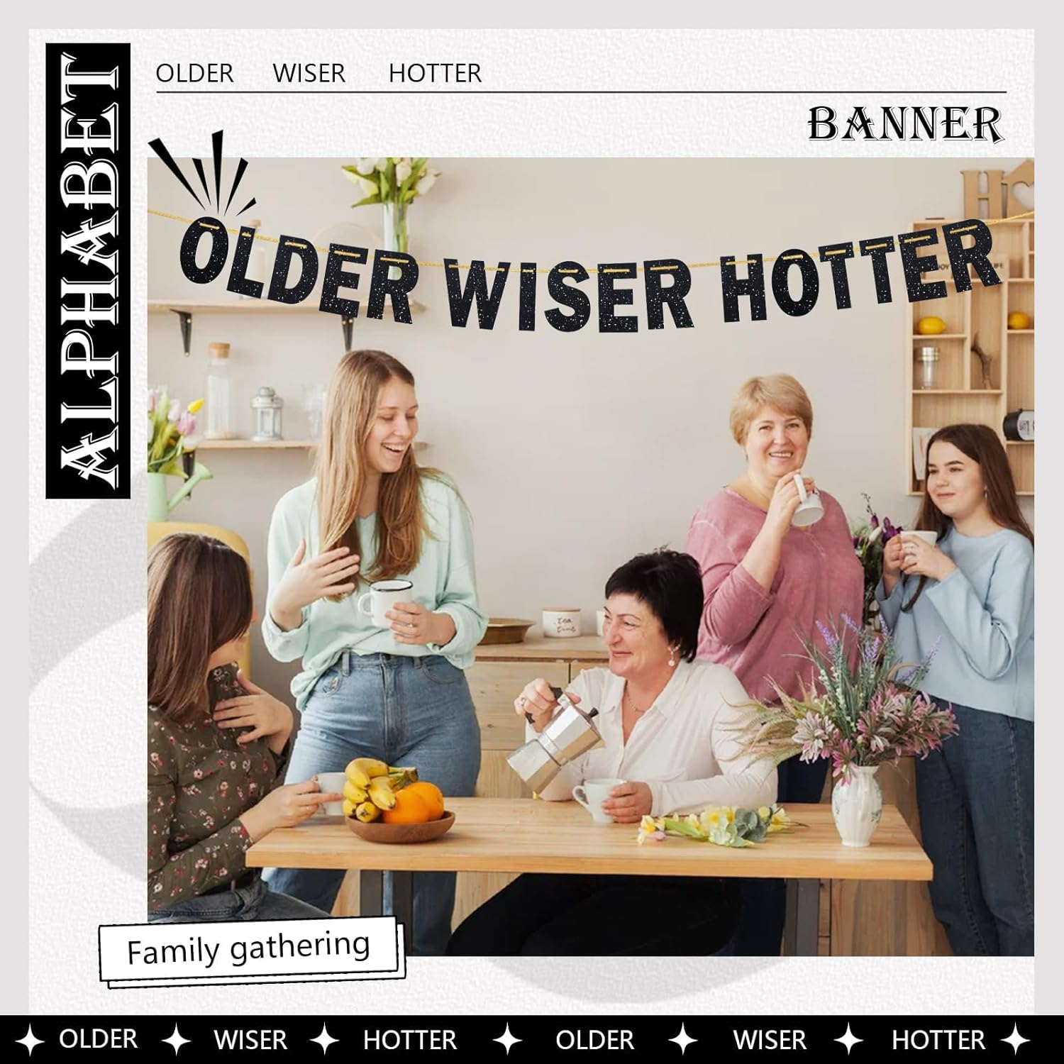 Cartel negro con purpurina para fiesta de cumpleaños con texto en inglés Older Wiser Hotter, divertida guirnalda de decoraciones de fiesta de