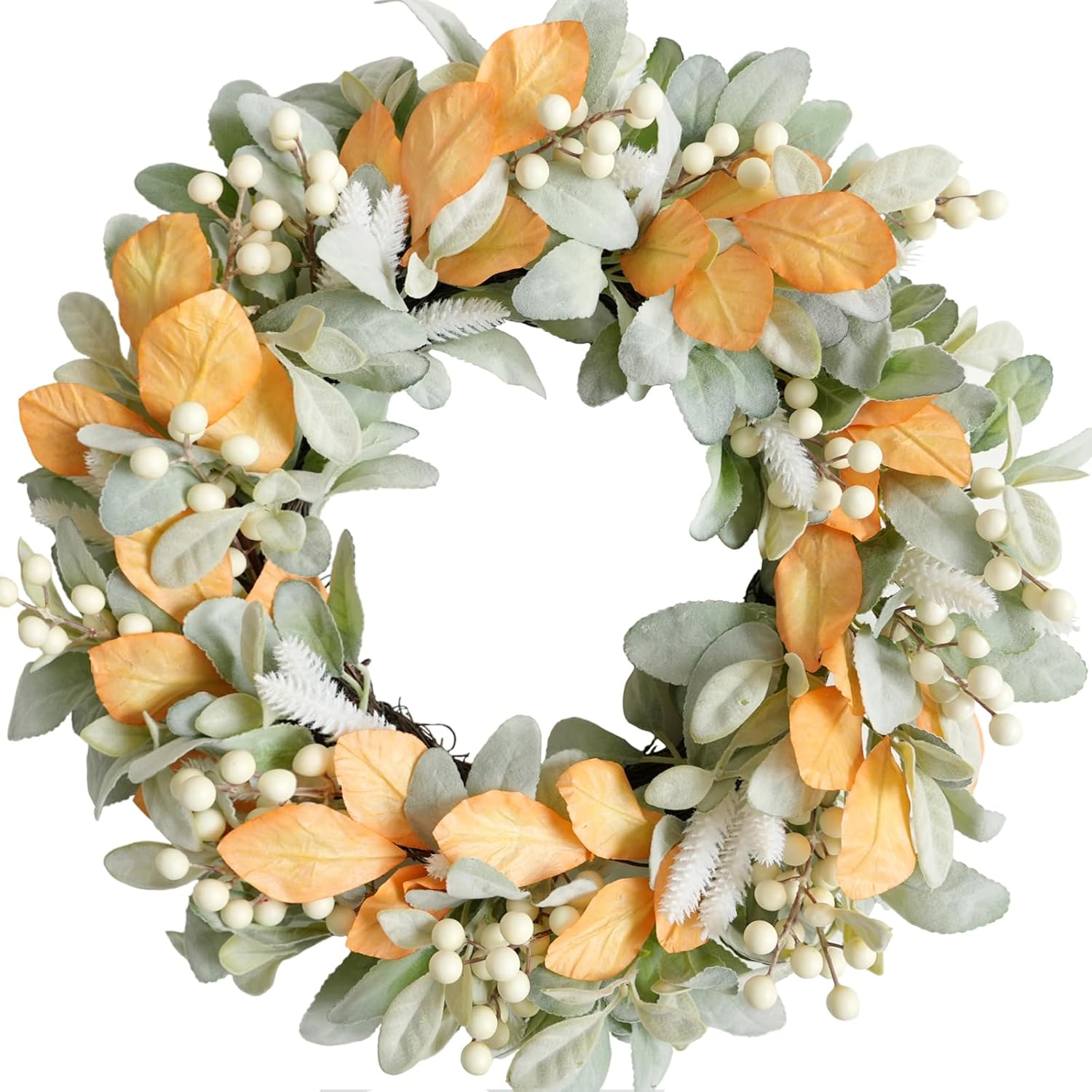 Idyllic Corona de primavera para todas las estaciones de 18 pulgadas, corona de primavera con hojas de oreja de cordero y bayas para puerta