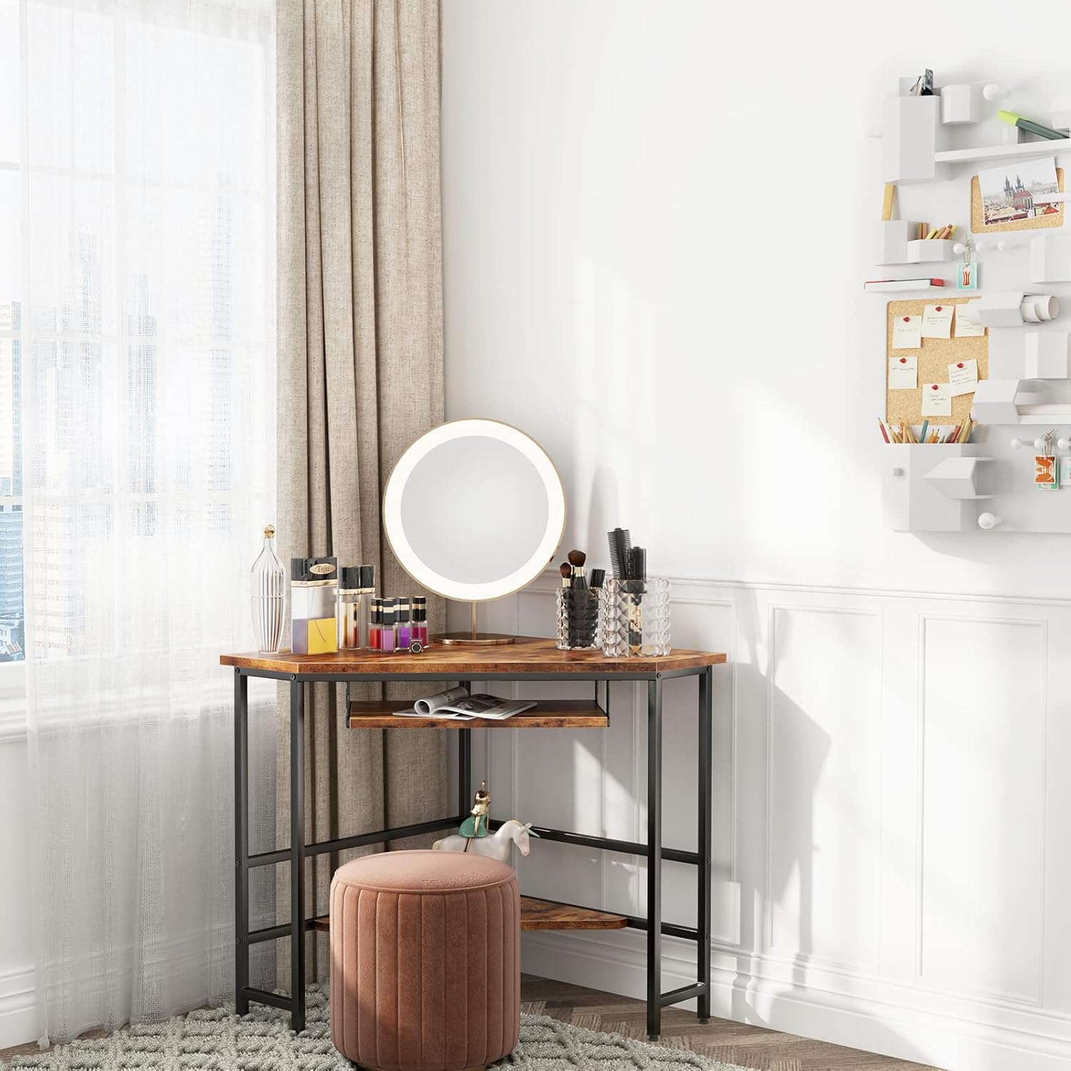 DlandHome Escritorio esquinero triangular para computadora con bandeja para teclado, mesa de computadora portátil, escritorio pequeño para