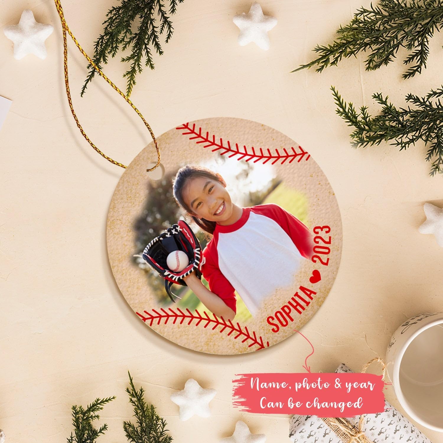 Adorno de béisbol con imagen personalizada de Navidad 2023, nombre personalizado y foto, adornos de béisbol regalos para amantes del béisbol, adorno
