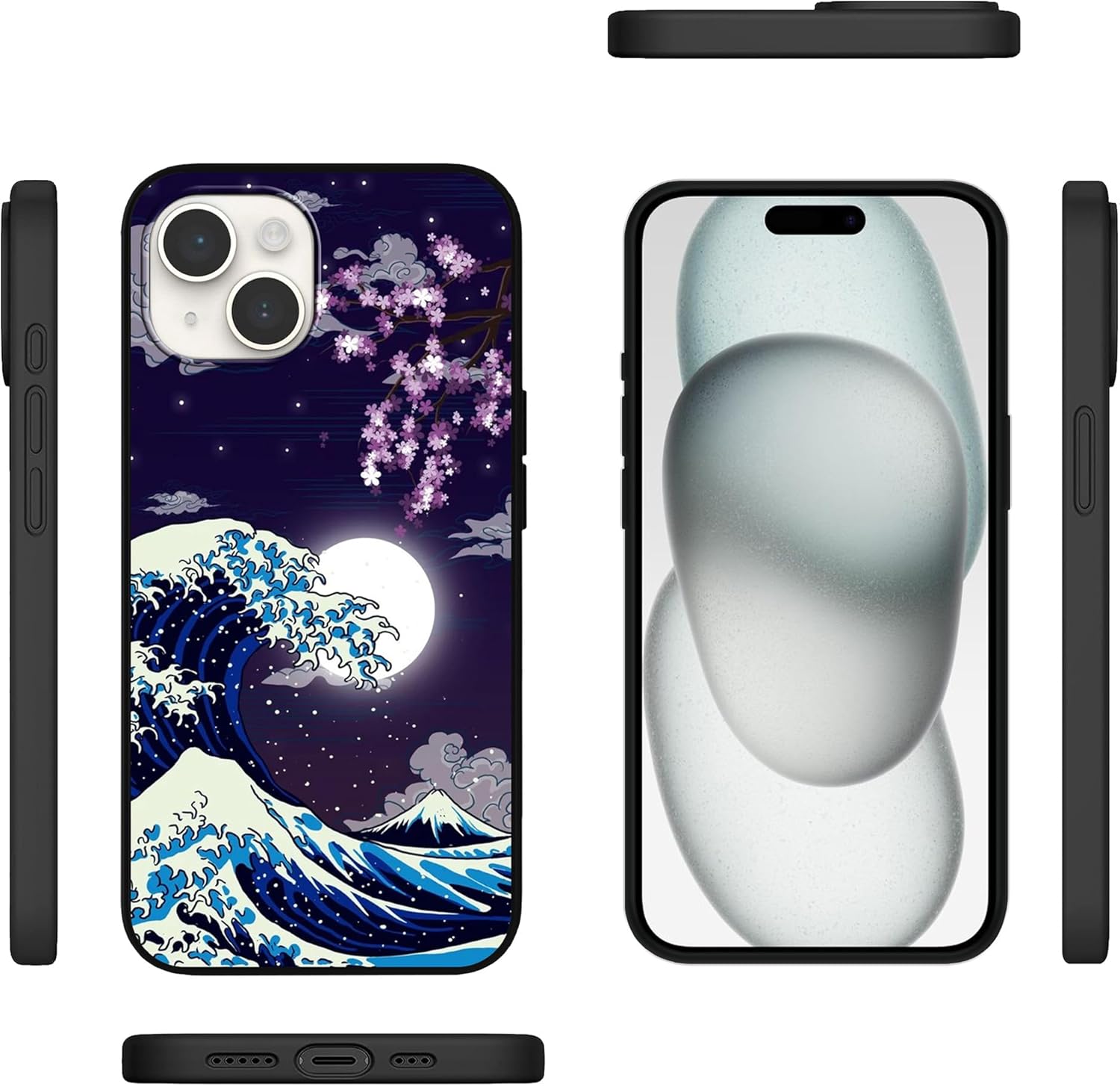 MSEAANBK Funda diseñada para iPhone 15 Plus, funda japonesa con patrón de luna de cerezo y flor para hombres, mujeres, niños y niñas, TPU suave, a