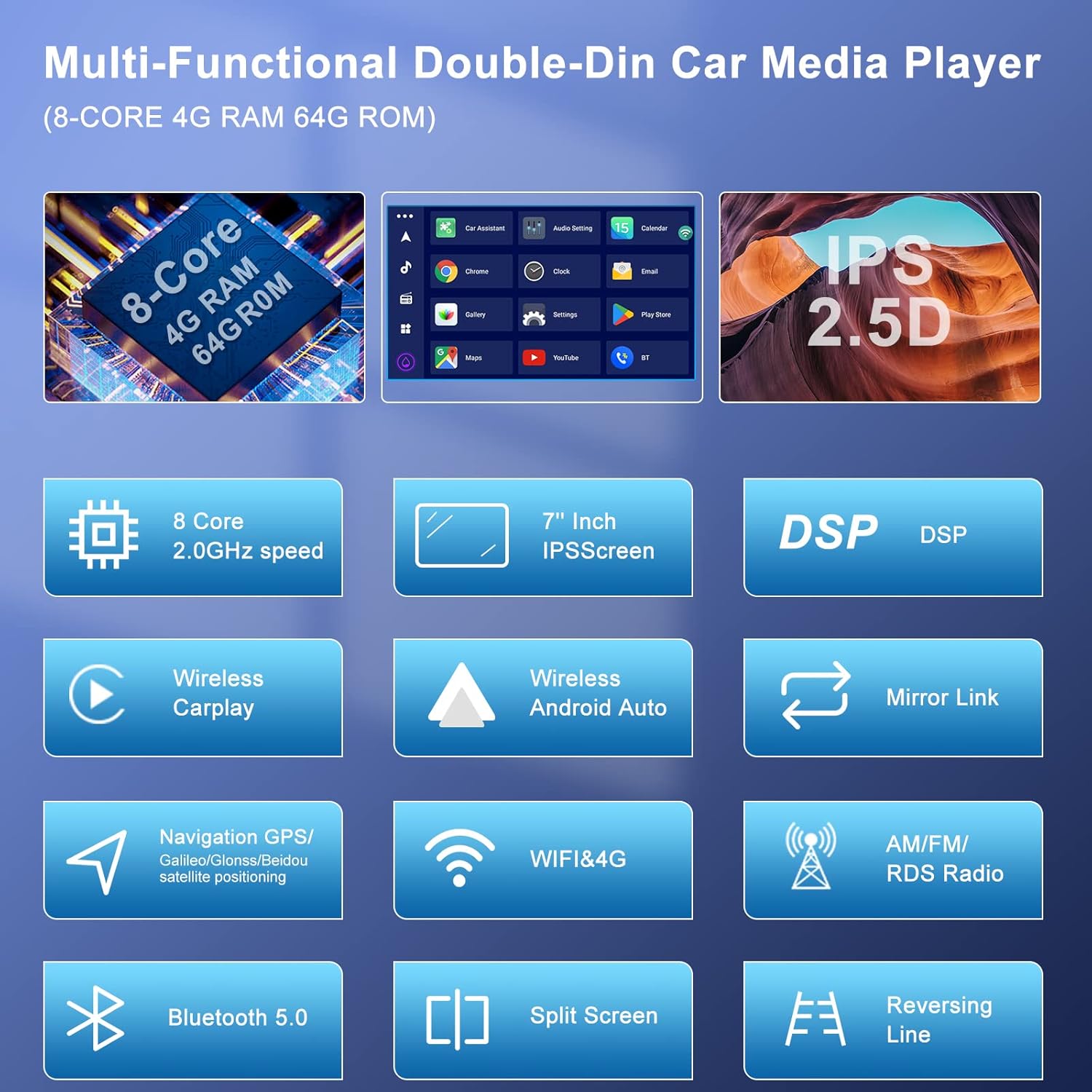 Podofo 8-core 4+64G Android coche estéreo doble DIN Radio con Carplay inalámbricoAndroid Auto 7 pulgadas IPS pantalla táctil Headunit Soporte Espejo