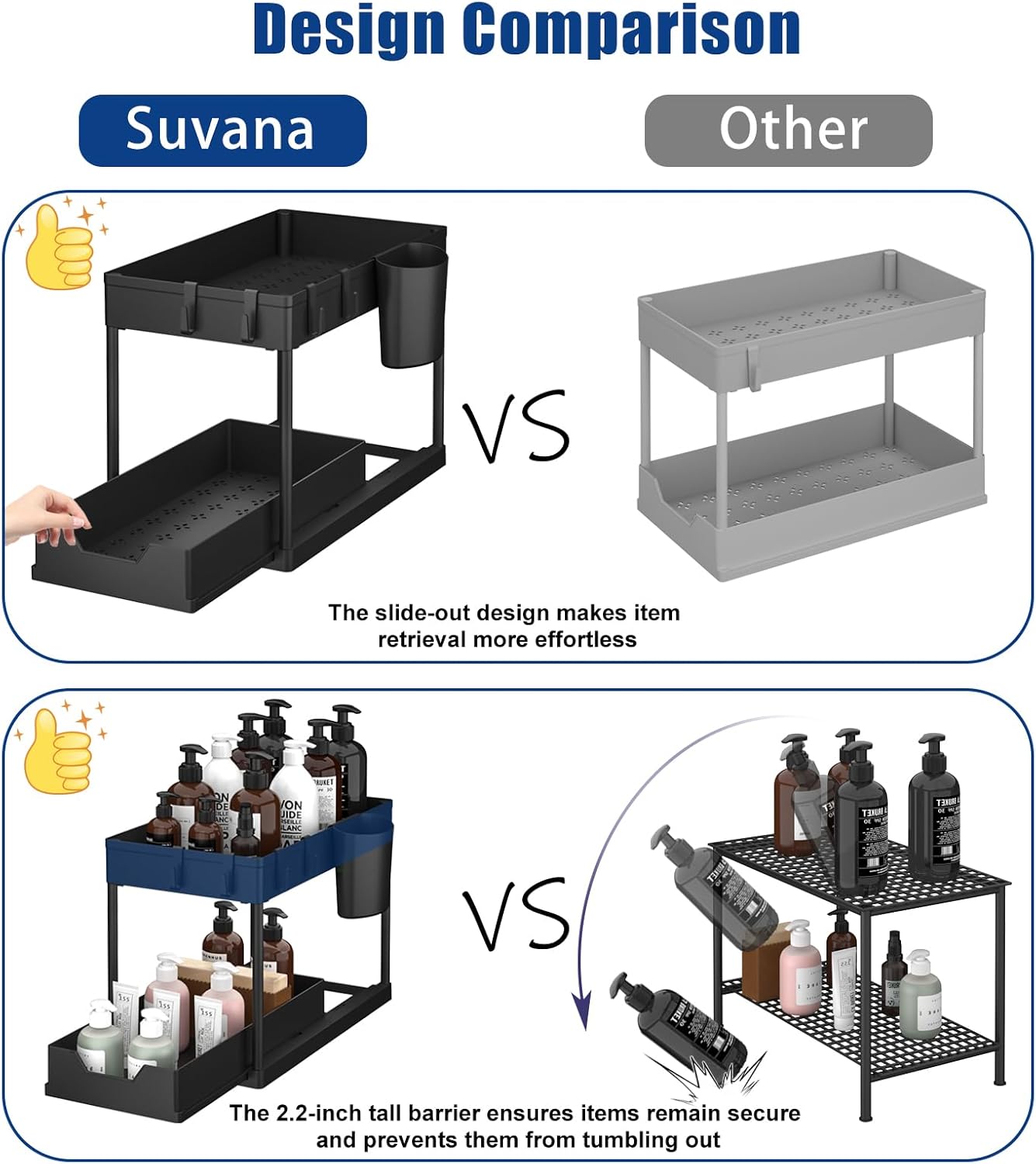 SUVANA Organizador para debajo del fregadero, organizador de armario de baño de 2 niveles con cesta deslizante debajo del fregadero, ganchos, taza