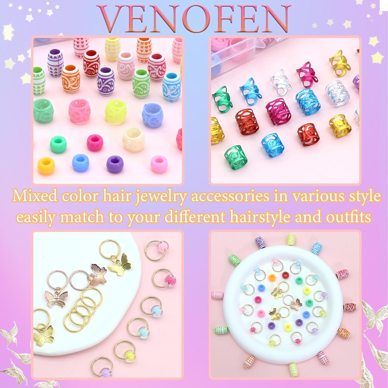 247 piezas de joyería para el cabello para trenzas de colores mixtos, cuentas de rastas de aleación de metal, anillos de trenzas de estilo múltiple,