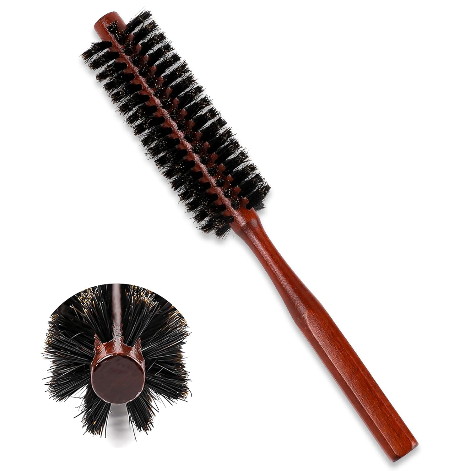 Cepillo de pelo redondo pequeño para cabello fino o corto, cepillo de pelo de cerdas de jabalí natural con mango de madera, mini cepillo