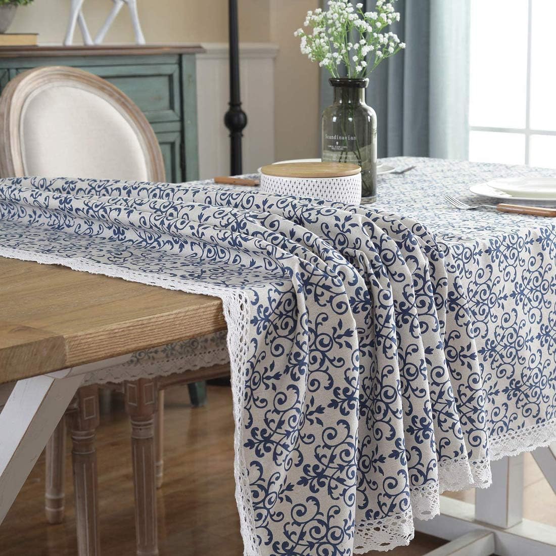 LeLehome – Mantel de algodón con diseño de girasoles antiguos y florales, de algodón duradero con encaje, bordado, lavable, mantel para cena, picnic