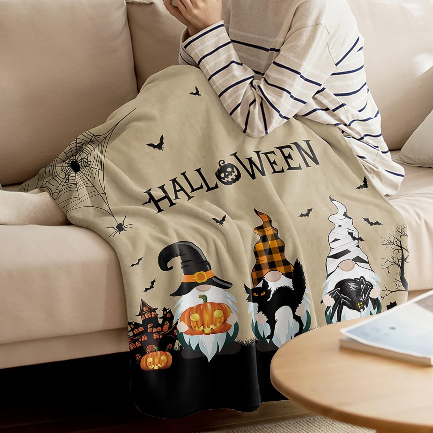 Manta de gnomo de franela súper suave, manta de murciélago de Halloween con diseño de gato negro, manta ligera y acogedora de microfibra de felpa