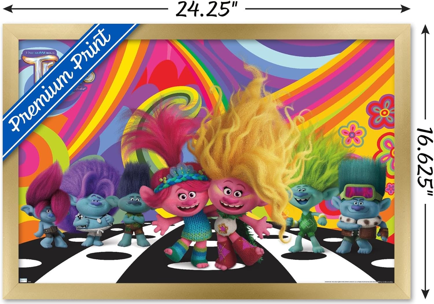 Trends International Trolls Band Together – Póster de pared del universo, 14.72 x 22.37 pulgadas, versión enmarcada en oro