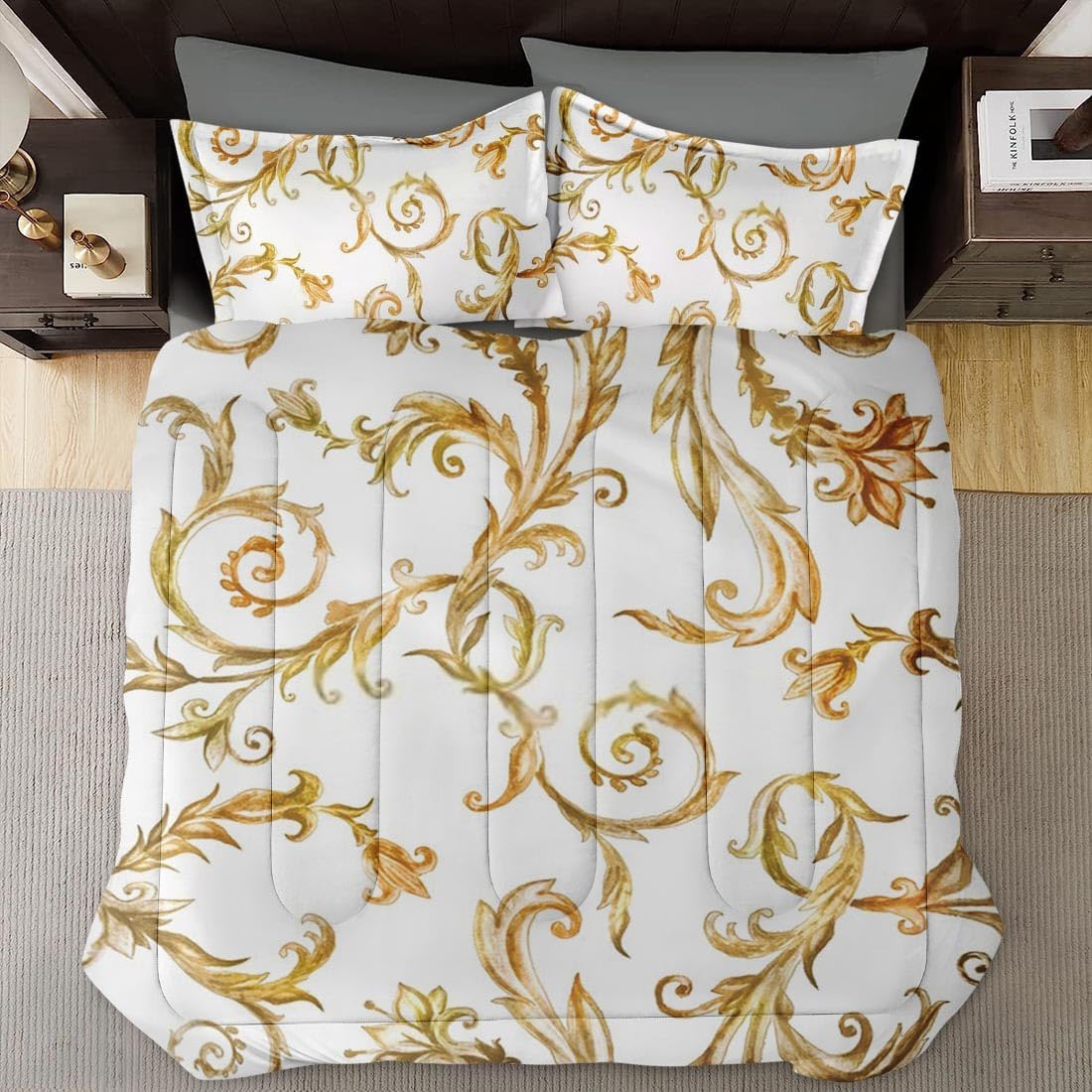 Juego de edredón tamaño King, edredón suave floral vintage dorado real para niños y adultos, juego de ropa de cama de lirio medieval de tulipanes