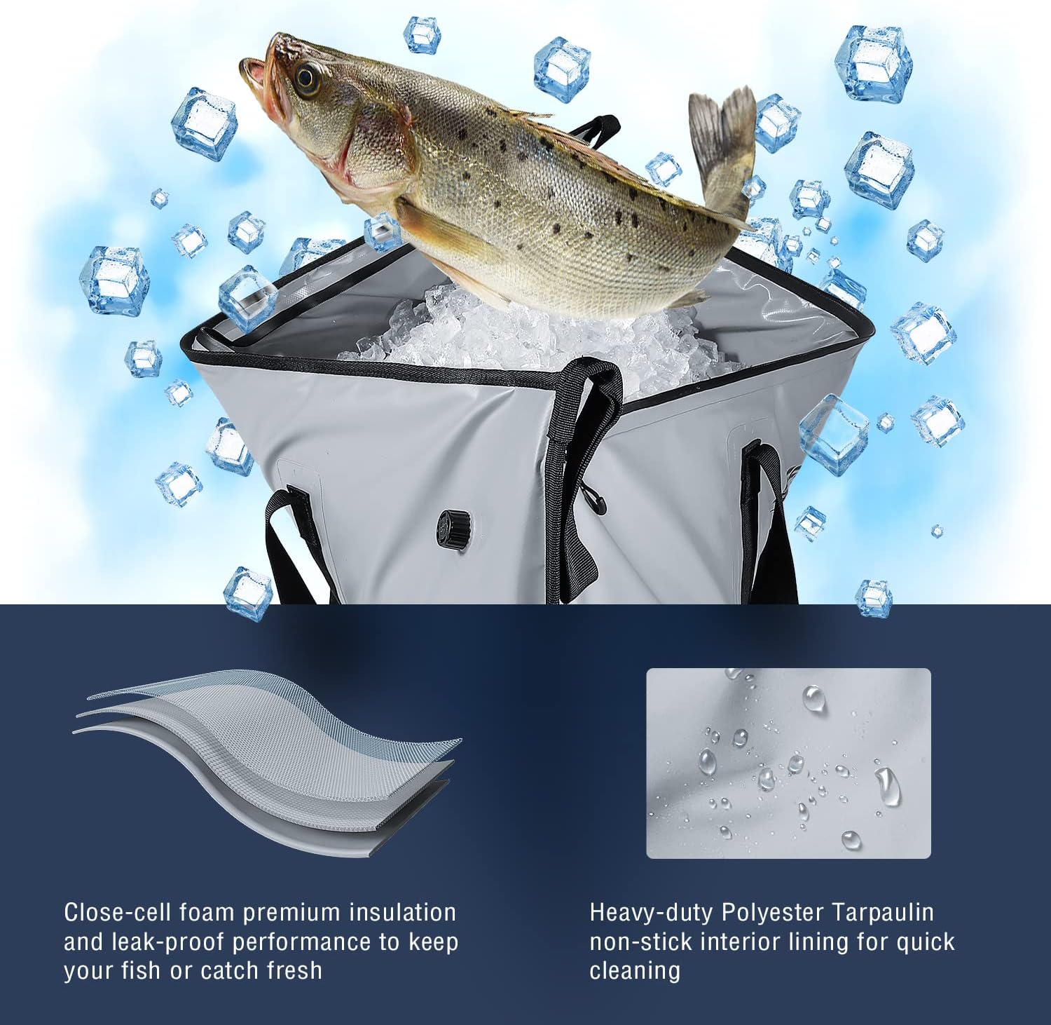 Buffalo Gear Bolsa enfriadora de pescado aislada,Enfriador de bolsa de cebo de pescado de 20 × 18 pulgadas,Bolsa impermeable para matar peces a