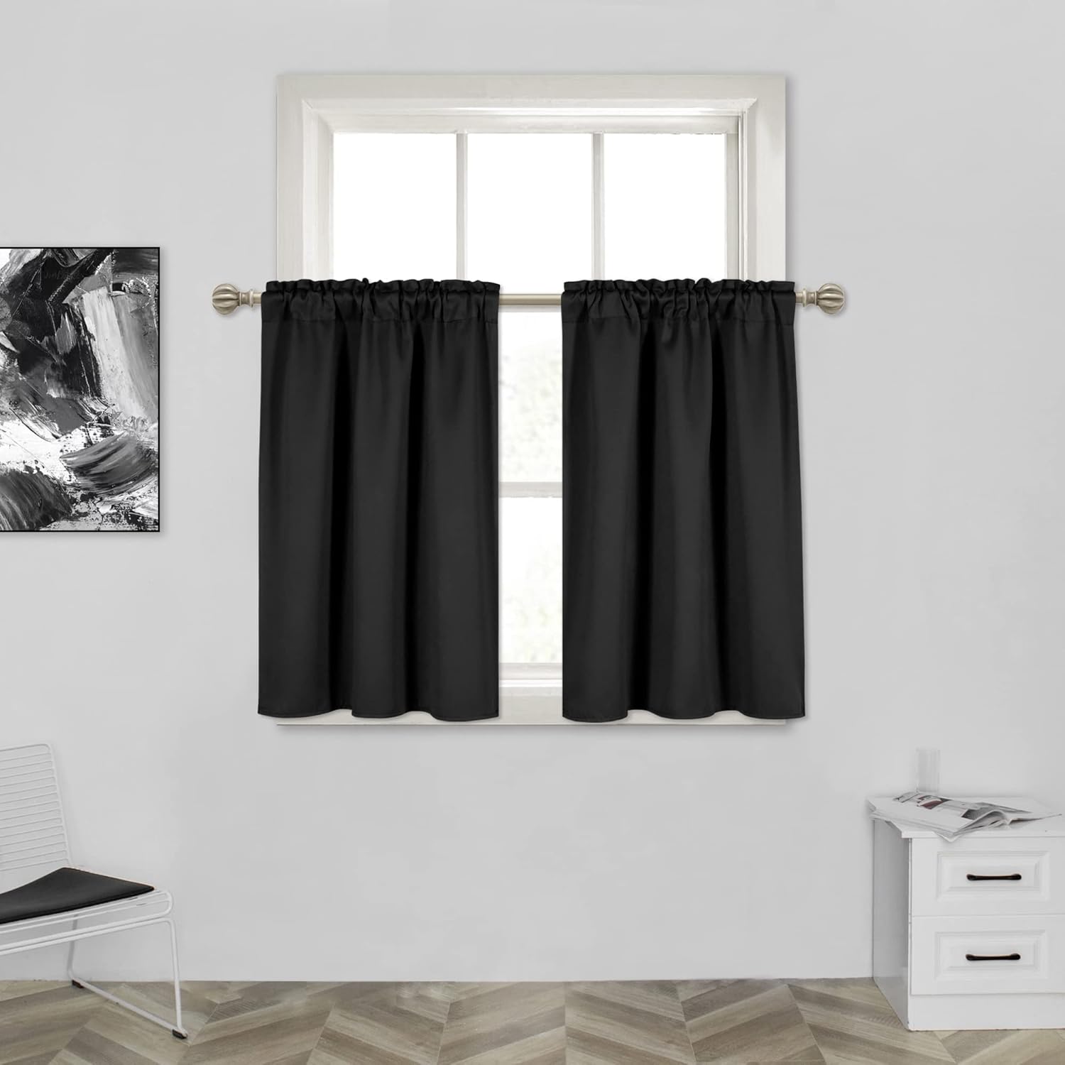 Cortinas negras de 36 pulgadas de largo, 2 paneles para cocina, ventana pequeña, opacas, ventana corta, juego de cortinas con bolsillo para barra,