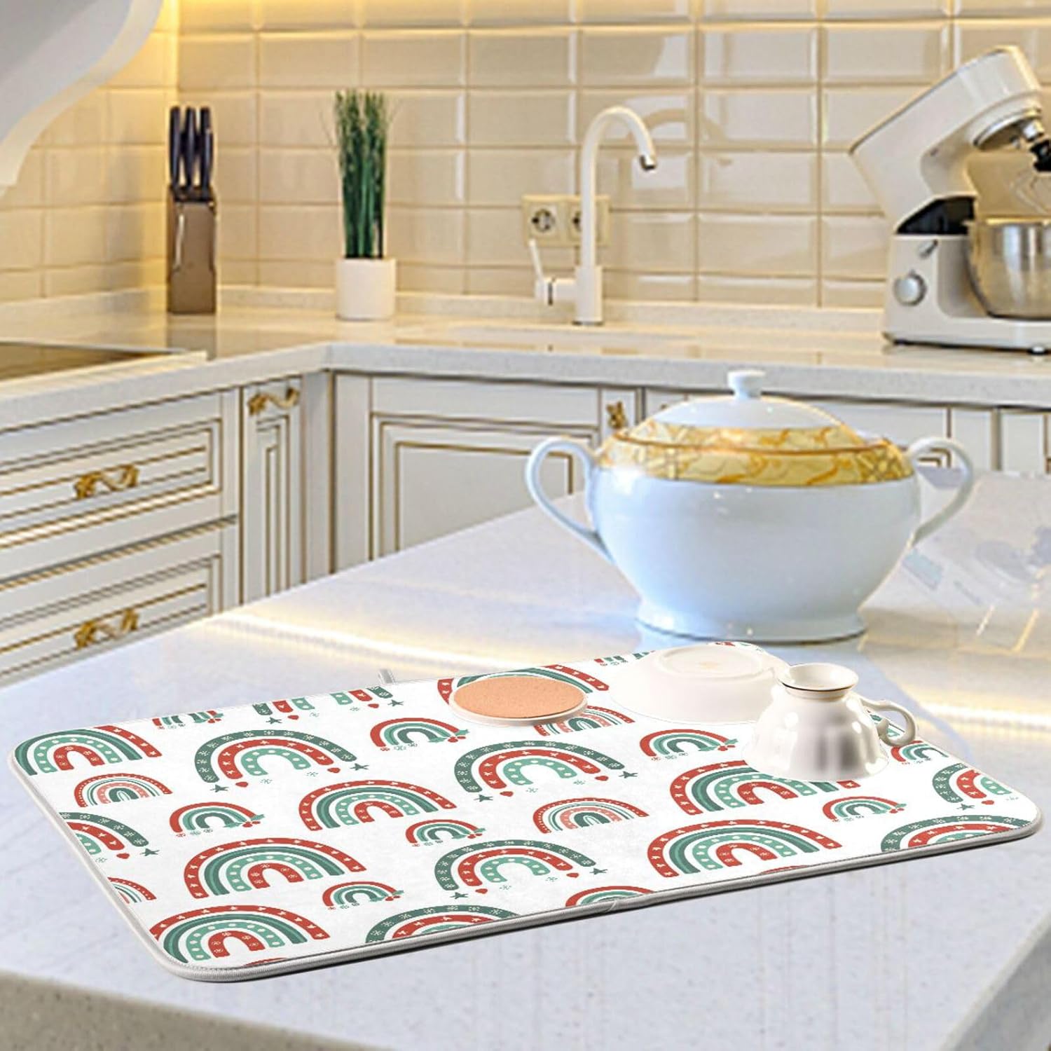 Christmas Rainbow Dish Mat Washnable Absorbent Kitchen Counter Drying Mat Dishwasher Drying Matt Tapete Para Cocina 16” x 18”