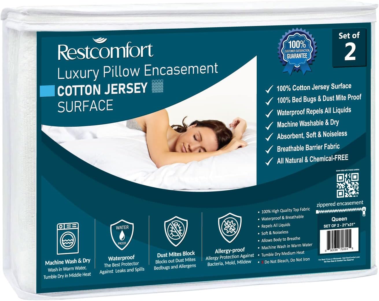 Juego de 2 protectores de almohada de algodón con cremallera, impermeable, a prueba de alérgenos, protección a prueba de chinches, hipoalergénico,