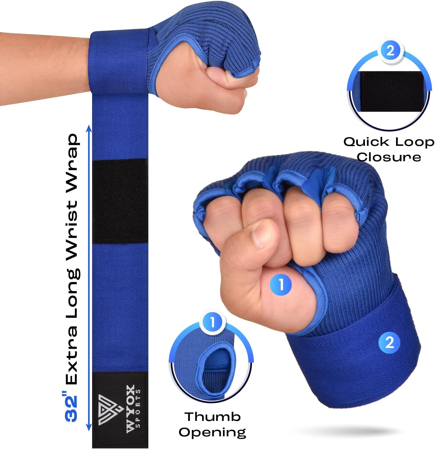 WYOX – Vendas elásticas de boxeo con nudillos acolchados de gel en el interior, para proteger los puños, para mujeres y hombres, muñequeras para
