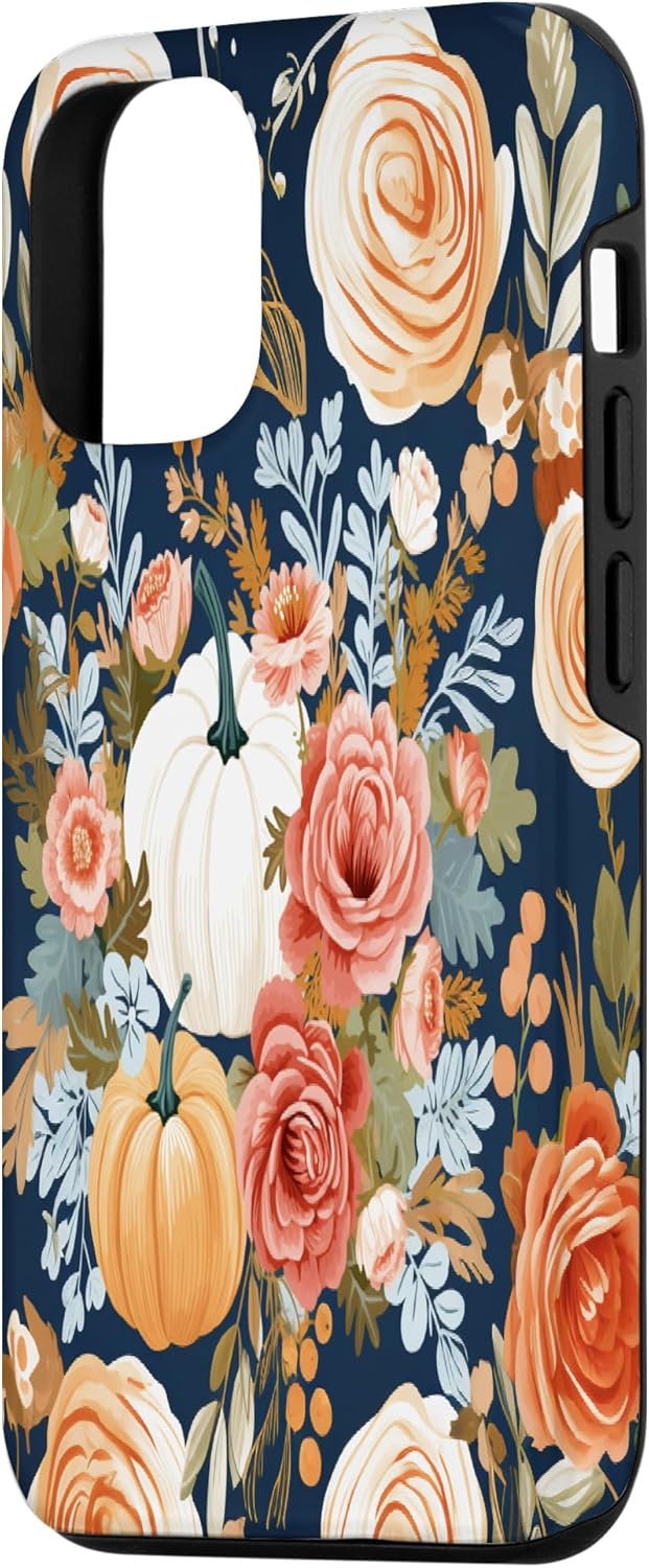 Funda vintage para iPhone 1212 Pro con diseño de flores de otoño y calabaza de Acción de Gracias para mujer