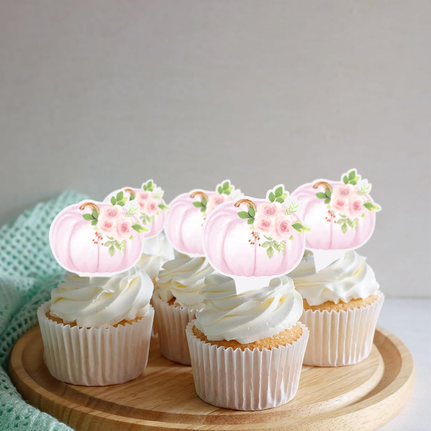 Decoración floral para cupcakes, calabaza, otoño, cumpleaños, baby shower, comida y postre, decoración de calabaza, acuarela, 36 unidades, rosa