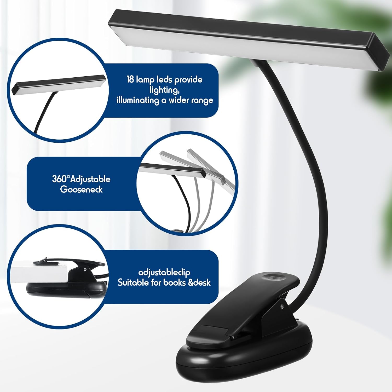 Retisee 4 piezas de luz de soporte de música 18 LED con clip de luz de piano lámpara de lectura ajustable USB y batería AAA (no incluida)funciona