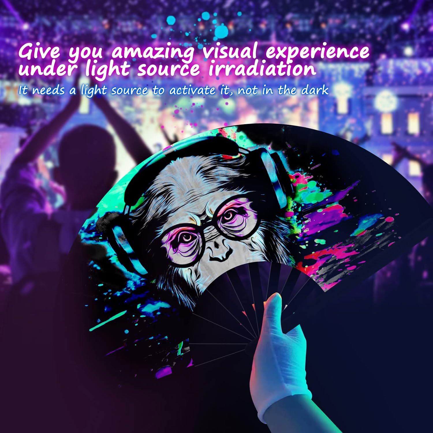 Ventilador de mano plegable grande para hombres y mujeres con bolsa de terciopelo, colorido ventilador UV brillante para fiestas de música