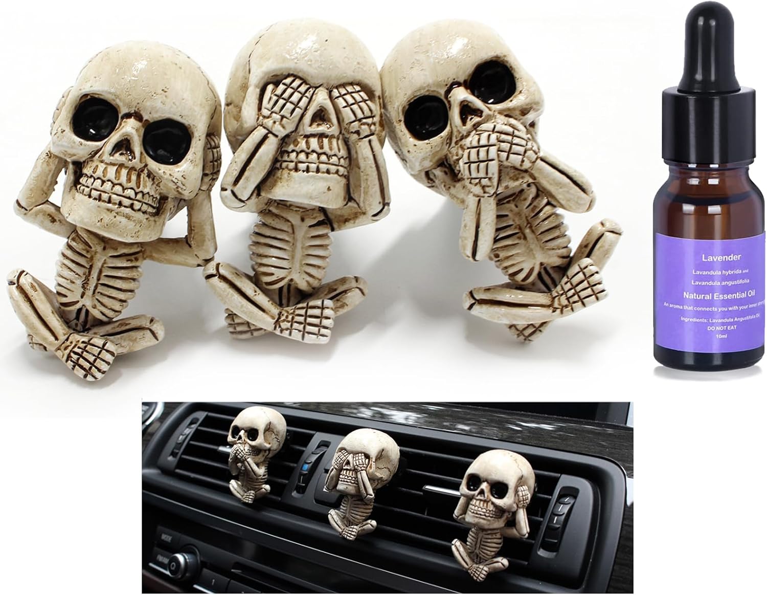 Ambientadores de calavera para automóvil, clips de ventilación con aceite esencial de lavanda pura de 0.3 onzas líquidas, accesorios de decoración