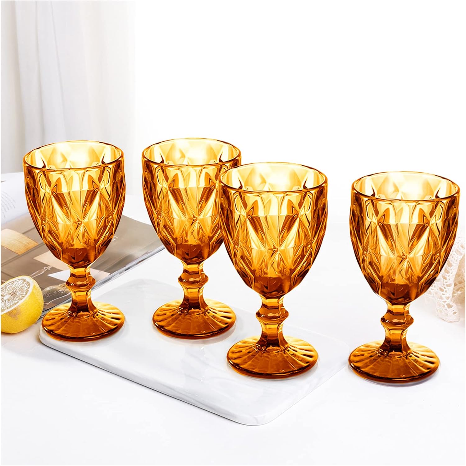 Juego de 4 copas de vino vintage, copas de agua reutilizables de plástico de 12 onzas, copas de vino de tallo irrompibles con patrón único en